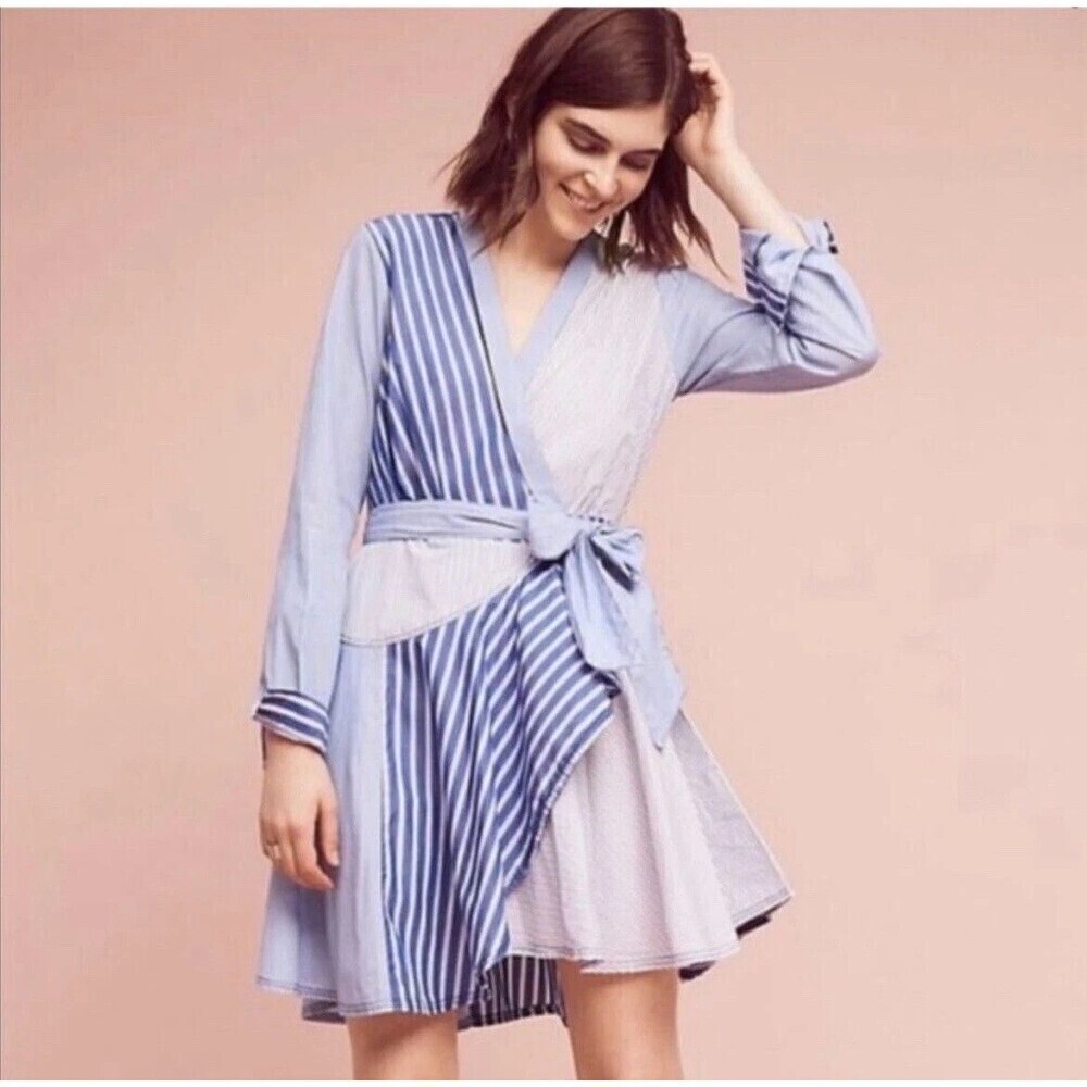 Maeve Wrap Dress Womens 2 Blue Striped Long Sleeve Cotton Tie Waist Knee Length